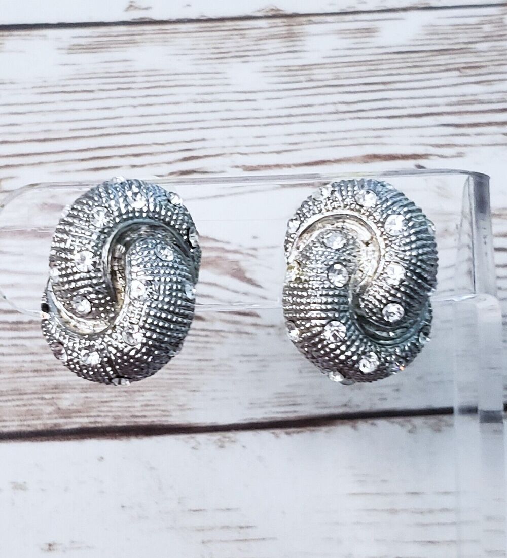 Vintage Clip On Earrings - Twisted Silver Tone & Clear Gem 1"